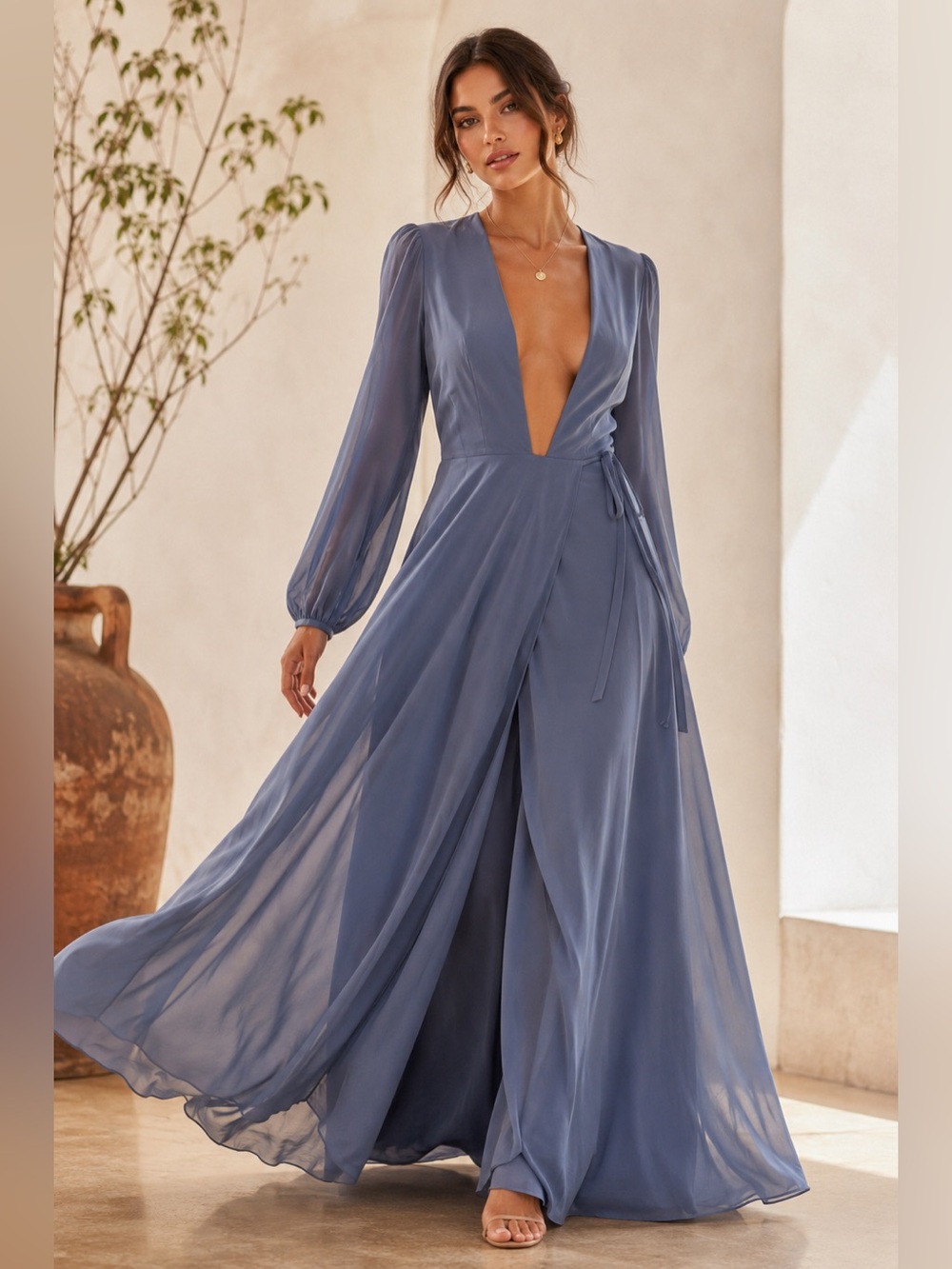 Tobi Dusty Blue Maxi Wrap Dress M Deep V Plunge Long Sleeve Formal NWT